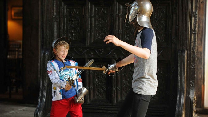 Children dressed up as knights at Rufford Old Hall, Lancashire